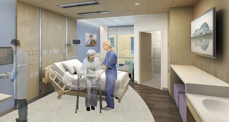 Interior rendering of a high tech patient room showing a nurse helping a patient of out of bed and doctor at a computer.